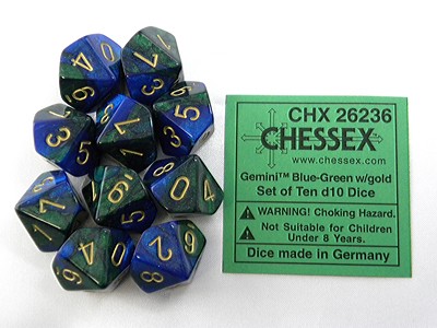 Gemini Blue-Green/gold D10 Dobbelsteen S