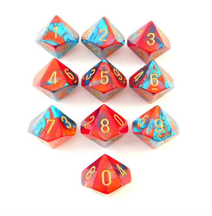 Gemini Red-Teal/gold D10 Dobbelsteen Set
