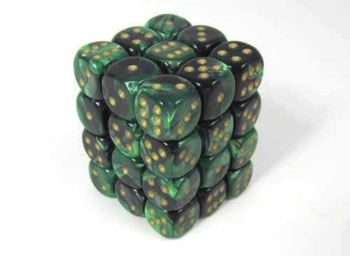 Gemini Black-Green/gold D6 12mm Dobbelst