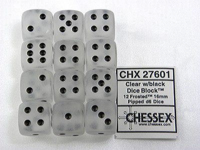 Frosted Clear/black D6 16mm Dobbelsteen