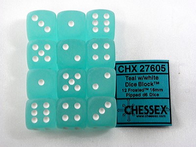 Frosted Teal/white D6 16mm Dobbelsteen S