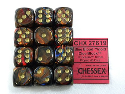 Scarab Blue Blood/gold D6 16mm Dobbelste