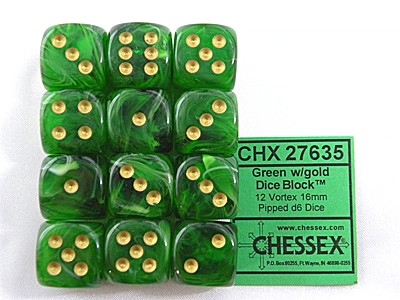 Vortex Green/gold D6 16mm Dobbelsteen Se