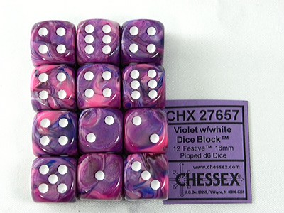 Festive Violet/white D6 16mm Dobbelsteen