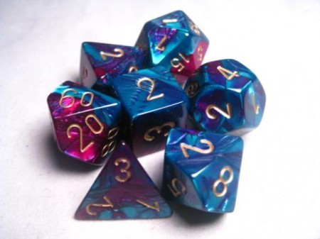 Gemini Purple-Teal/gold Polydice Dobbels