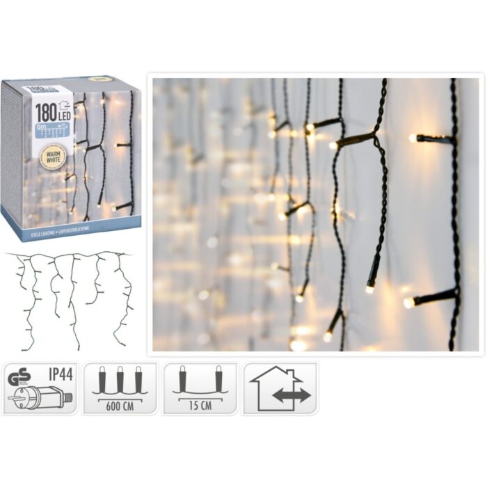 Kerst Ijspegelverlichting 180 Led Warm Wit Buiten , 5Mm Lampje Groene Draad 600X52Cm Ip44