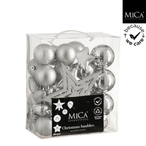 Boom decoratie onbreekbaar zilver 40 stuks - d8cm