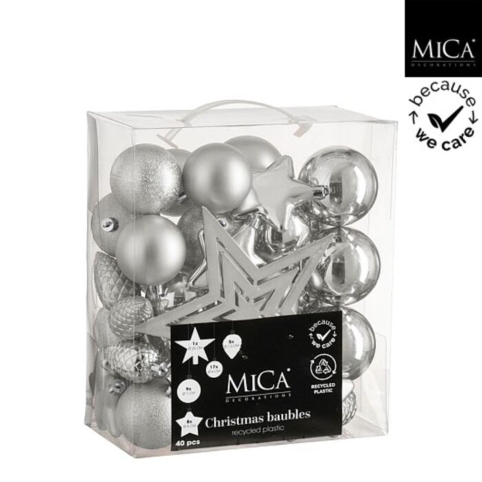 Boom decoratie onbreekbaar zilver 40 stuks - d8cm