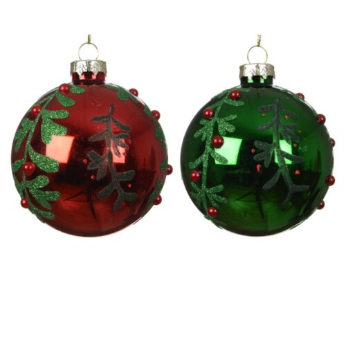 Kerstballen glas shiny with green leaves 2col ass