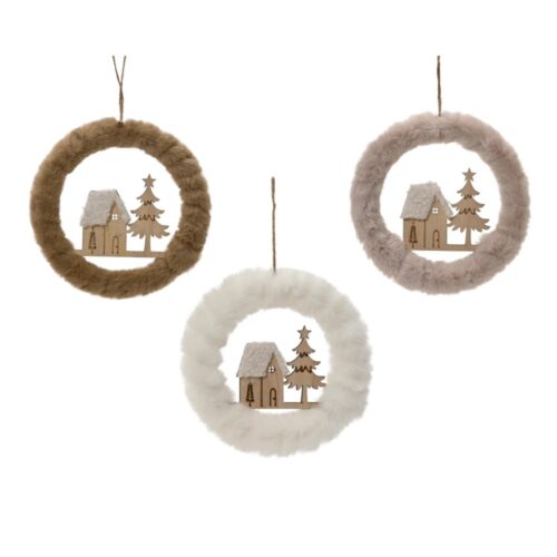 Krans polyester pv fur faux fur wreath 3col ass (assortiment – willekeurige uitvoering)