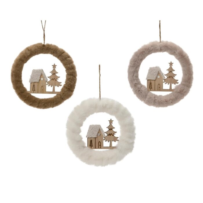 Krans polyester pv fur faux fur wreath 3col ass (assortiment – willekeurige uitvoering)