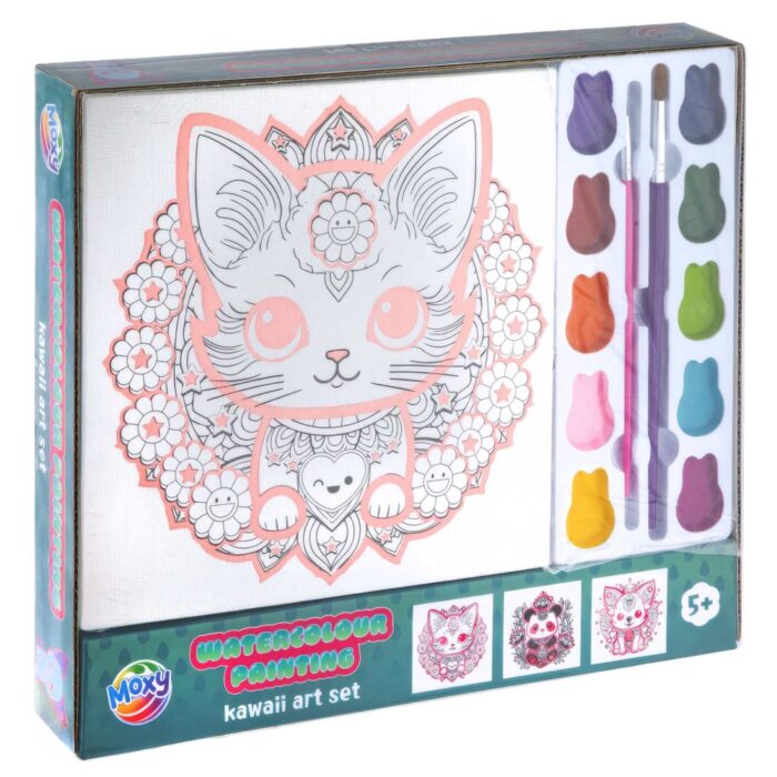 waterverf schilderset Kawaii 3x canvas  20c20cm 2 assorti (assortiment – willekeurige uitvoering)
