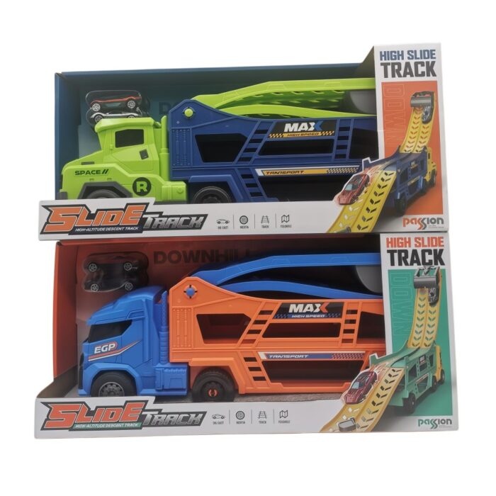 Truck met lanceerbaan en 2 auto's 70x10x2 assorti (assortiment – willekeurige uitvoering)