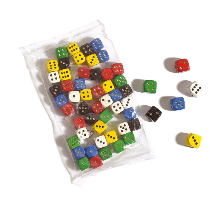 Houten Dobbelsteen Set D6 16 mm assorti (assortiment – willekeurige uitvoering)