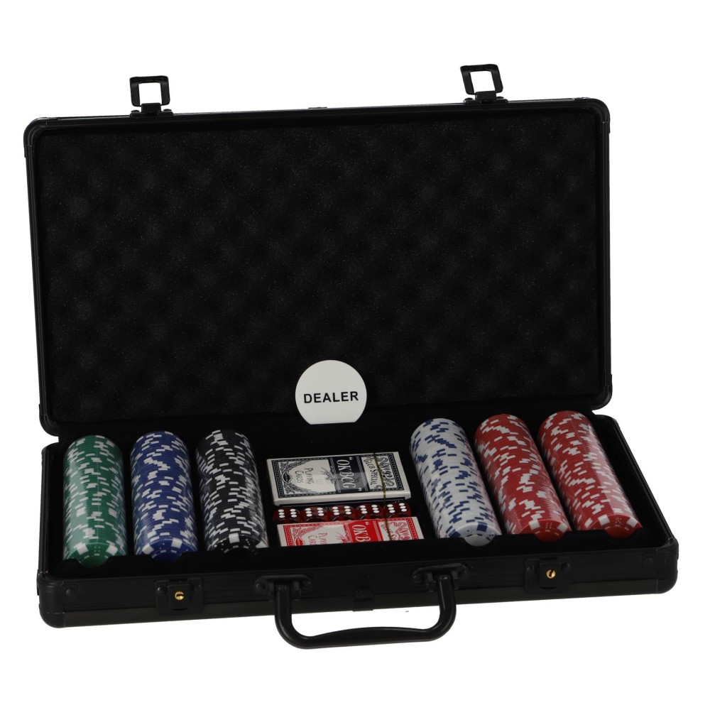 Pokerset in luxe zwarte koffer 300 delig met 2 decks speelkaarten en 300 11,5 grams fisches - Afbeelding 3
