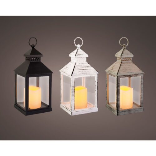 LED lantaarn plastic square fire flame effect BO binnen 3 kleuren assorti 11 x 11 x 22,5 cm
